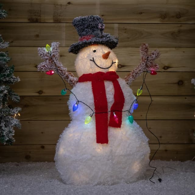 90cm Light up Frosted Tinsel Christmas Snowman with 50 White & Warm White LEDs