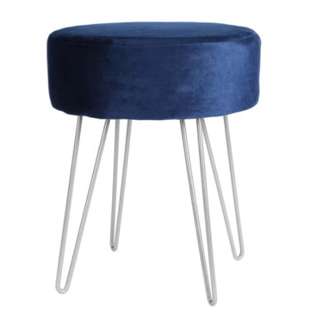 Harbour Housewares Round Velvet Footstool - H40 x D35cm - Silver Legs Blue