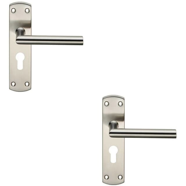 Loops 2x Mitred Lever Door Handle on Euro Lock Backplate 172 x 44mm Satin Steel Metallics
