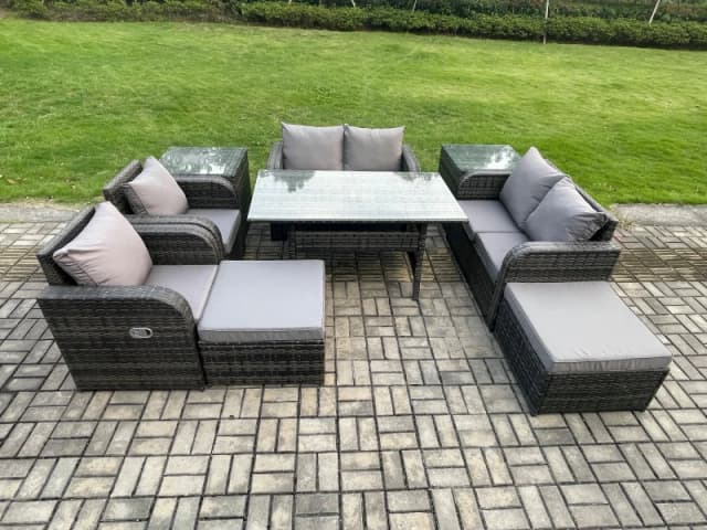 Fimous Outdoor Rattan Garden Furniture 9 piece Grey Patio Furniture Set 8 Seater Lounge Sofa Set with Rectangular Table in Dark Grey Dark Grey Unisex