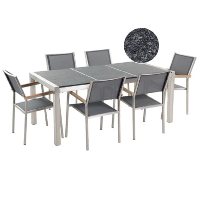 Beliani Garden Dining Set 6 Seater Grosseto Triple Plate Basalt Flamed Black/ Grey