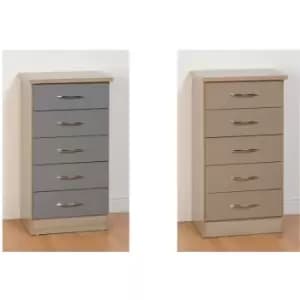 Seconique Nevada Oak and Grey Gloss 5 Drawer Narrow Chest