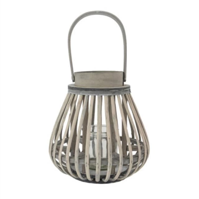 Jvl Luna Natural Bulb Shaped Willow Wood Lantern With Wooden Handle - Grey White Washed, Set Of 2