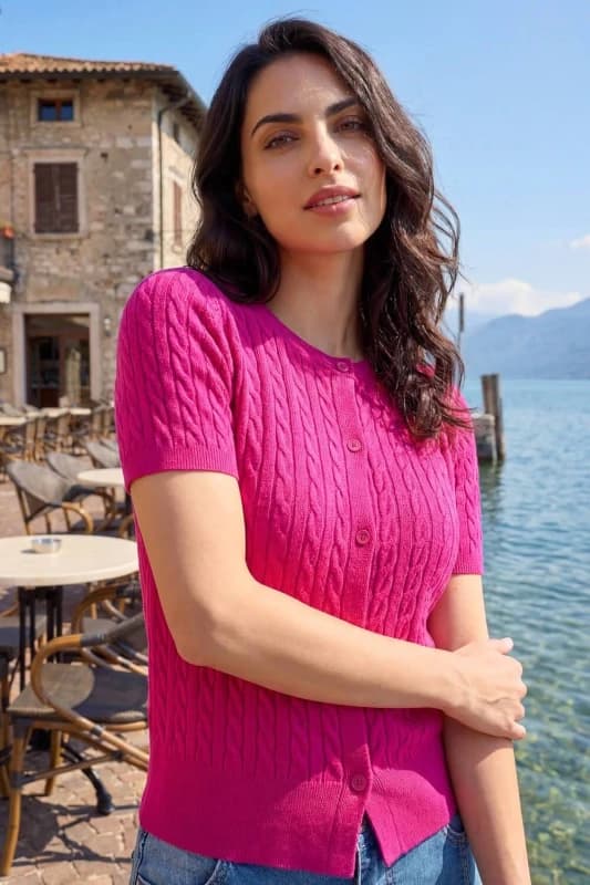 Dusk Womens Cable Knit Buttoned Top in Magenta Size: 18 Magenta Female 18