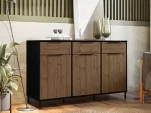 Seconique Madrid Acacia and Black 3 Door 3 Drawer Sideboard