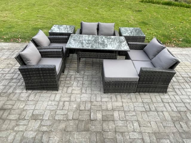 Fimous Rattan Garden Furniture Set Patio Outdoor Lounge Sofa Set With Oblong Dining Table Double Seat Sofa For Balcony