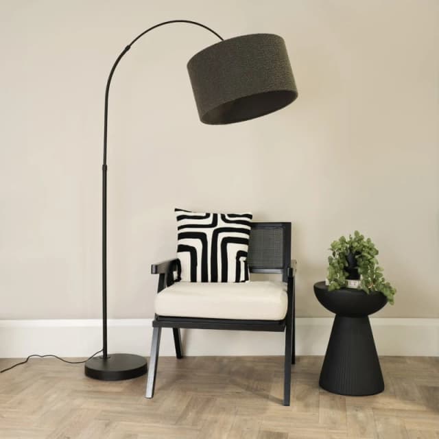 ValueLights Louis Black Arched Curved Floor Lamp with Boucle Drum Lamp Shade Charcoal