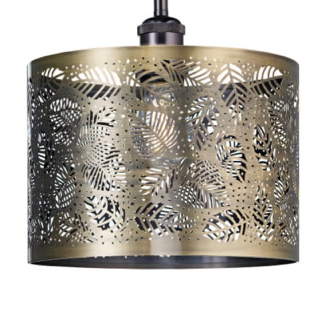 Happy Homewares Contemporary Antique Brass Metal Pendant Light Shade With Fern Leaf Decoration