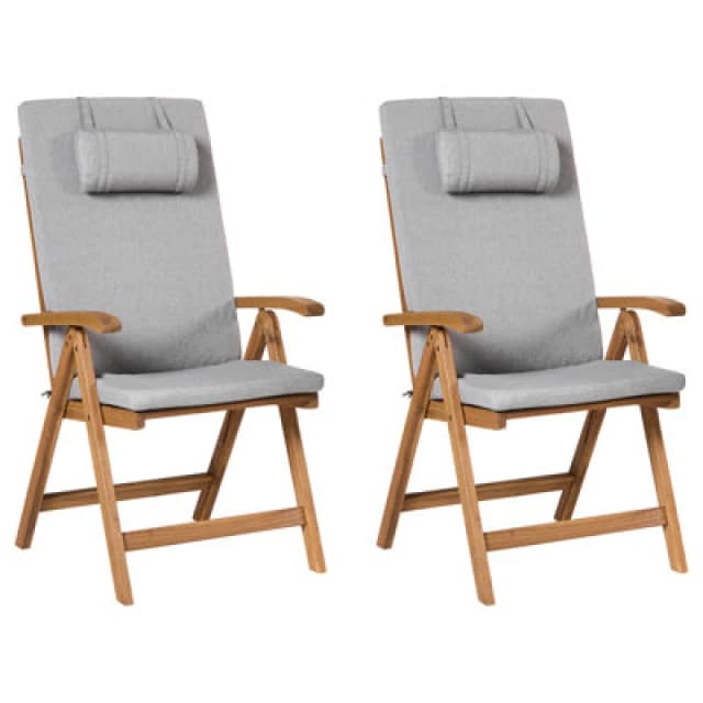 Beliani Set Of 2 Garden Chairs With Cushions Java Premium Acacia Wood Grey Melange