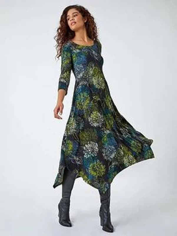 Roman Floral Hanky Hem Stretch Midi Dress Green