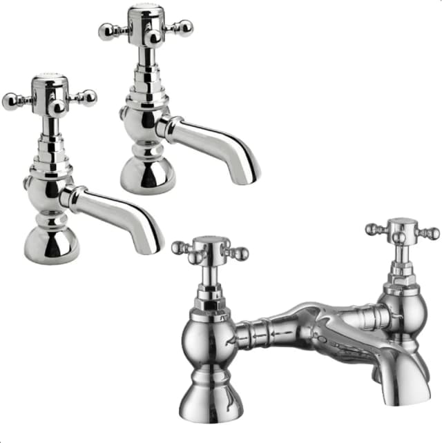 Balterley Crosshead Basin Pillar Taps & Bridge Bath Filler Set - Chrome in Silver Silver Unisex