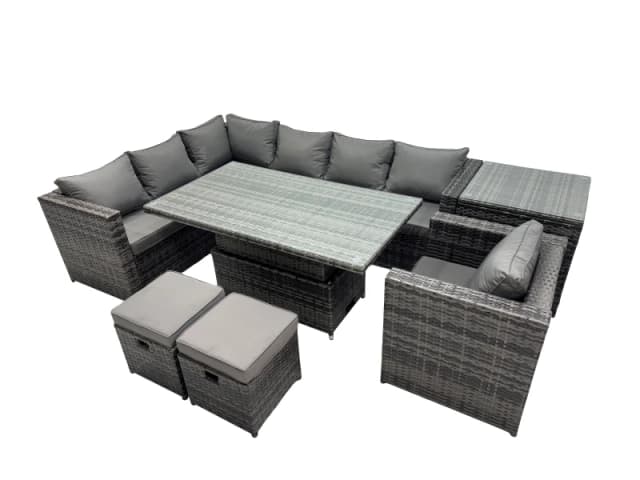 Fimous 9-seater Rattan Garden Furniture Dining Set & 2 Small Stool Side Table in Dark Grey Dark Grey Unisex