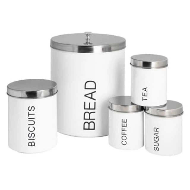 Harbour Housewares 5 Piece Kitchen Canisters Set - White - Round Metal Storage Caddy Tin Jar