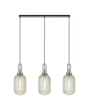 Linear 3 Light Pendant E27 With 20cm Tubular Ribbed Glass, Champagne Polished Nickel, Matt Black