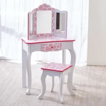 Fantasy Fields Gisele Dressing Tables Vanity Table With Mirror & Stool Animal Print TD-11670D - Pink / White