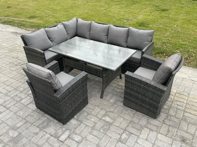 Fimous 8 Seater Outdoor Rattan Garden Furniture Set with Rectangular Dining Table 2 Armchairs Patio Wicker Corner Sofa Set in Dark Grey Dark Grey Unis