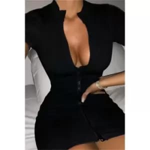 I Saw It First Black Rib Zip Front Short Sleeve Skinny Leg Jumpsuit - Black