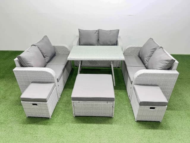 Fimous 9-seater Patio Rectangular Table Love Sofa Set with 3 Stools in Light Grey Light Grey Unisex