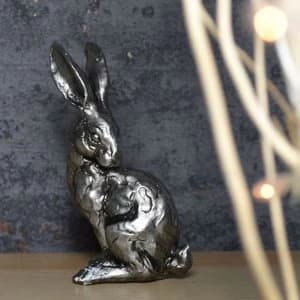Pair Of Silver Sitting Hares Ornaments 13cm