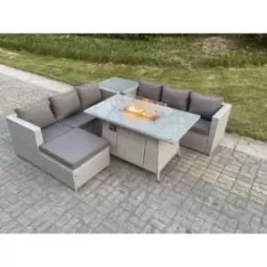 Fimous 6 Seater Outdoor Light Grey Rattan Lounge Complete Sofa Set with Fire Pit and Big Footstool