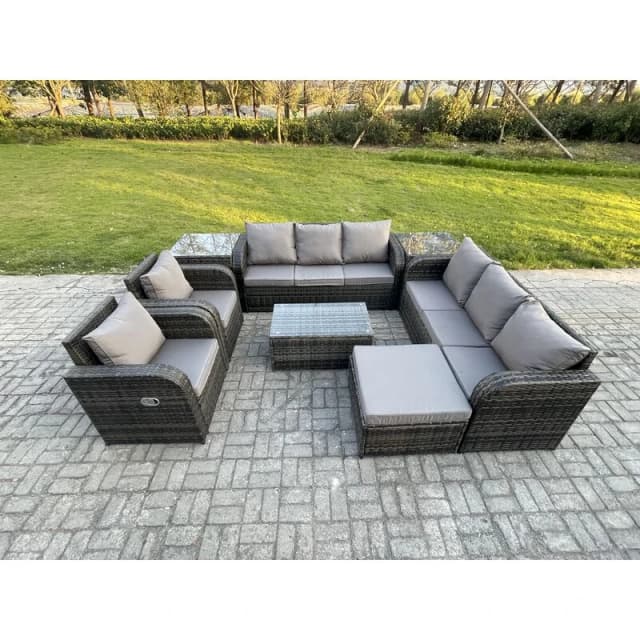 Fimous Rattan Outdoor Garden Furniture Sofa Set Patio Table & Chairs Set with 3 Seater Sofa Reclining Chair 2 Side Table Big Footstool Dark Grey Mixed