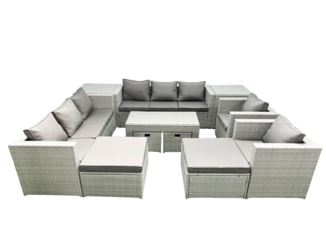 Fimous Rattan Garden Furniture Set Outdoor Lounger Sofa with Coffee Table 4 Footstools 2 Side Tables Light Grey Mixed 12 Seater Light Grey