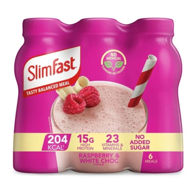 SlimFast Milkshake Multipack Bottle Raspberry & White Chocolate 6x325ml Clear