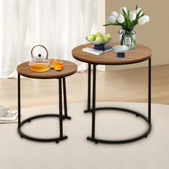 Alivio Set of 2 Round Nesting Coffee Table, Modern Side Tables for Bedroom, Living Room, Balcony in Brown Brown Unisex