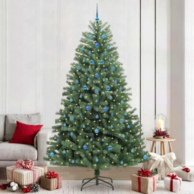 vidaXL Artificial Hinged Christmas Tree Blue Balls Green 240cm PVC and Metal, Green 3395512