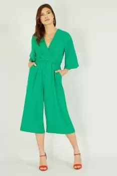 Green Kimono Style Jumpsuit With Tie Waist and Pockets
