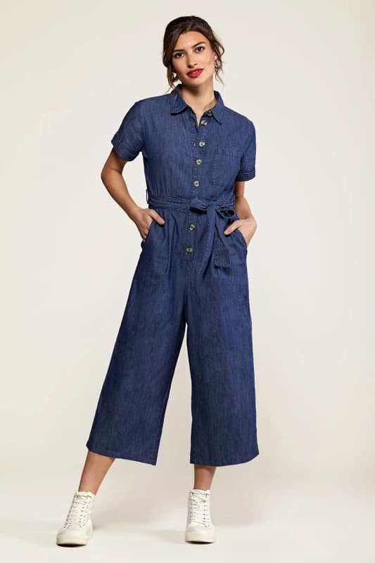 Yumi Womens Navy Cotton Denim Jumpsuit in Blue Size: 14 Blue Female 14