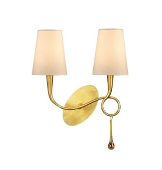 Paola Wall Lamp Switched 2 Light E14, Gold Painted with Cream Shades & Amber Glass Droplets