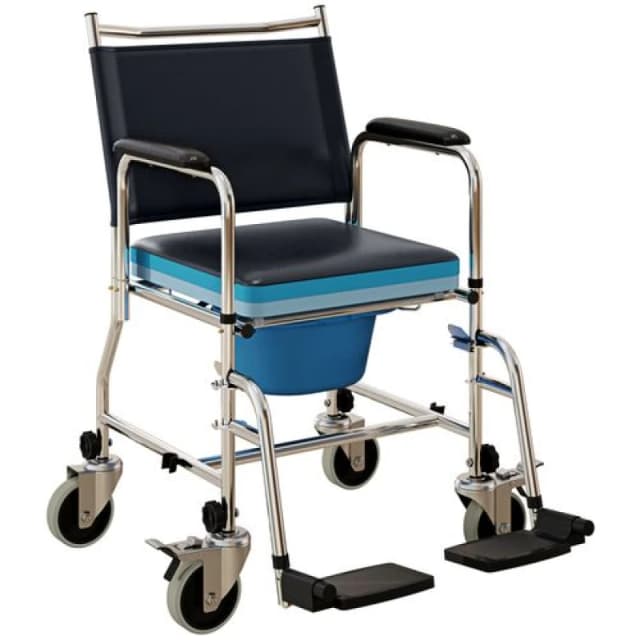 HOMCOM Shower Wheelchair, Commode Wheeled Chair with Padded Seat, Backrest Black