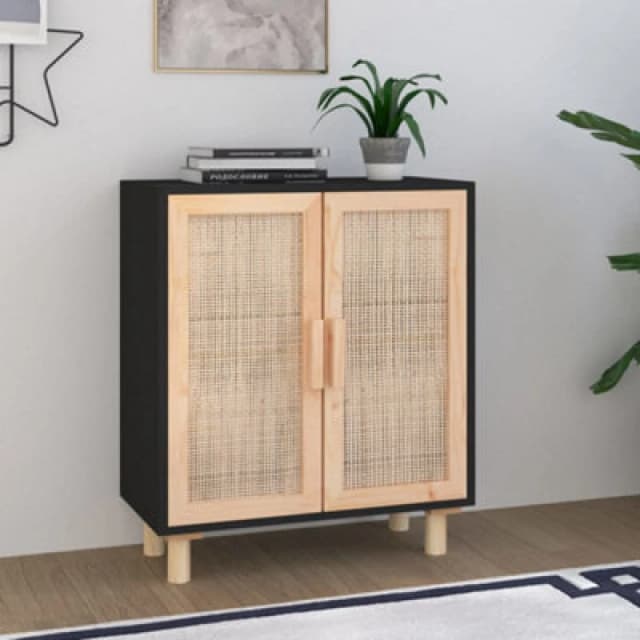 Vidaxl Sideboard Black 60X30X70 Cm Solid Wood Pine And Natural Rattan, Black 345631