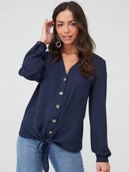 Wallis Linen Look Tie Front Shirt - Ink, Size 10, Women