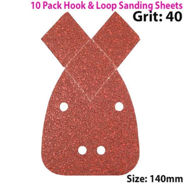 Loops 10 PACK 40 Grit Aluminium Oxide 2 Tip Detail Sanding Sheets 140mm Hook & Loop Multi