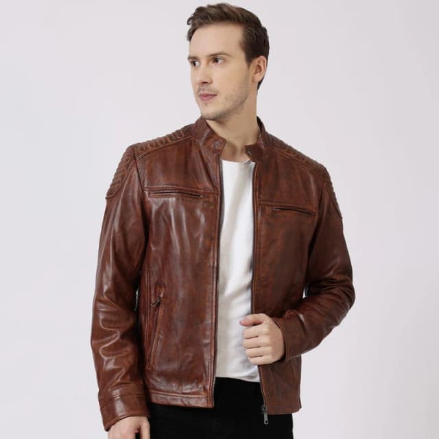 PRIMEHIDE Leather Mens Thomas Biker Leather Long Sleeve Leather Jacket Brown male S