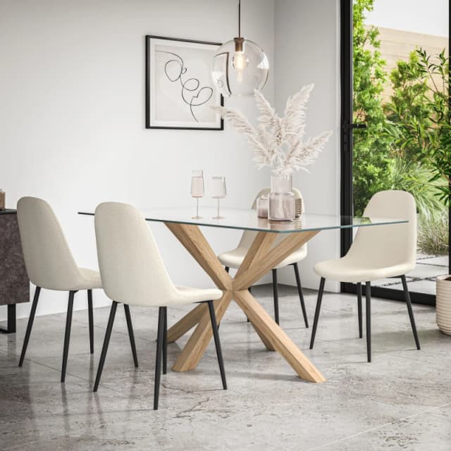 More4Homes Etta Glass Dining Table And Chairs - Glass Top W Solid Oak Legs + Maya Boucle Dining Chair Set Of 4 (Ivory White)