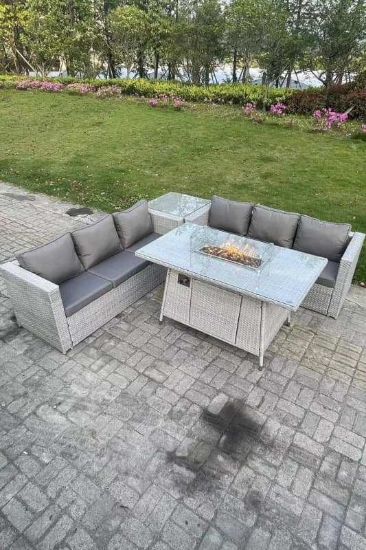 Fimous Corner Rattan Fire Pit Garden Furniture Set Gas Heater Burner Lounge Sofa Dining Table Light Grey