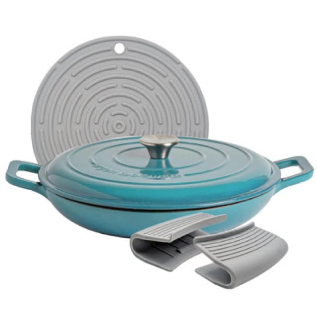 Argon Tableware Shallow Cast Iron Casserole Dish - 2.3L Teal Enamel Finish, Oven Safe Dutch Oven Cookware With Lid