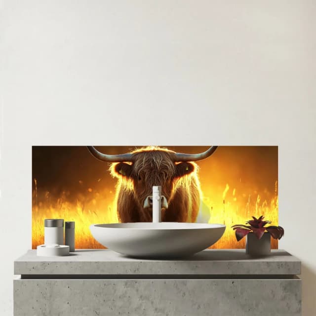 Warren Reed - Designer Highland Cow Sunset Glass Bathroom Splashback in Orange Orange Unisex