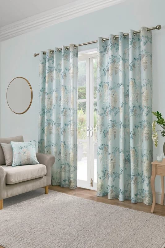 Dreams & Drapes 'Wisteria' Floral Print Pair of Eyelet Curtains in Duck Egg Blue Size: 229cm width x 183cm drop Duck Egg Blue Unisex 229cm width