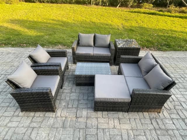 Fimous Garden Furniture Sets 7 Pieces Outdoor Rattan Furniture Manual Wicker Patio Sofa Chair Set with Coffee Table Big Footstool in Dark Grey Dark Gr