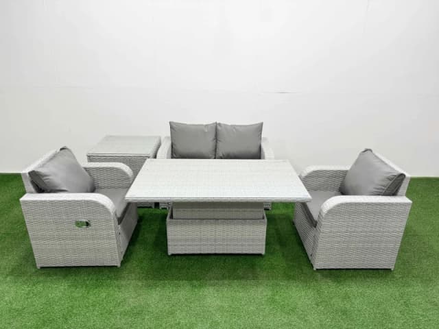 Fimous Light Grey PE Wicker Rattan Garden Furniture Set Sofa Set Reclining Chair Adjustable Lifting Dining or Coffee Table 4 Seater With Side Table Li