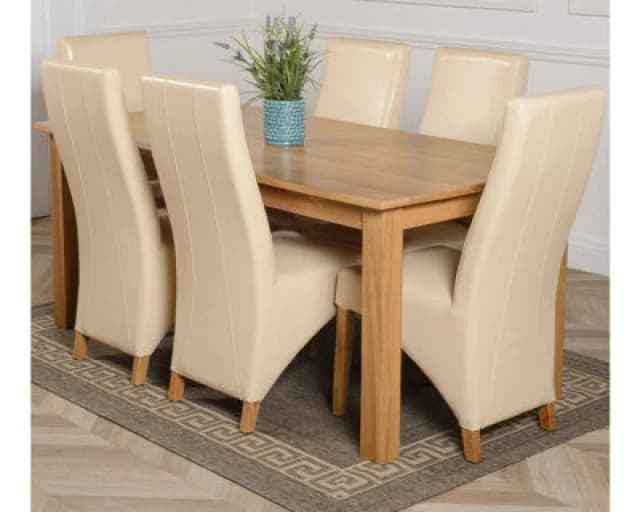 Thats Furniture Oslo 180 x 90cm Large Oak Dining Table & 6 Lola Leather Chairs in Cream Cream Unisex 180 x 90 cm