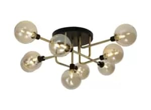Flush Semi Flush Ceiling, 9 Light G9, Matt Black, Antique Brass, Cognac Glass