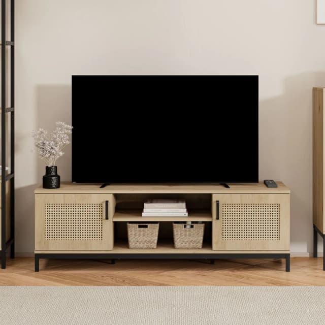 VonHaus Lena Rattan 2 Door with Shelves TV Unit Brown