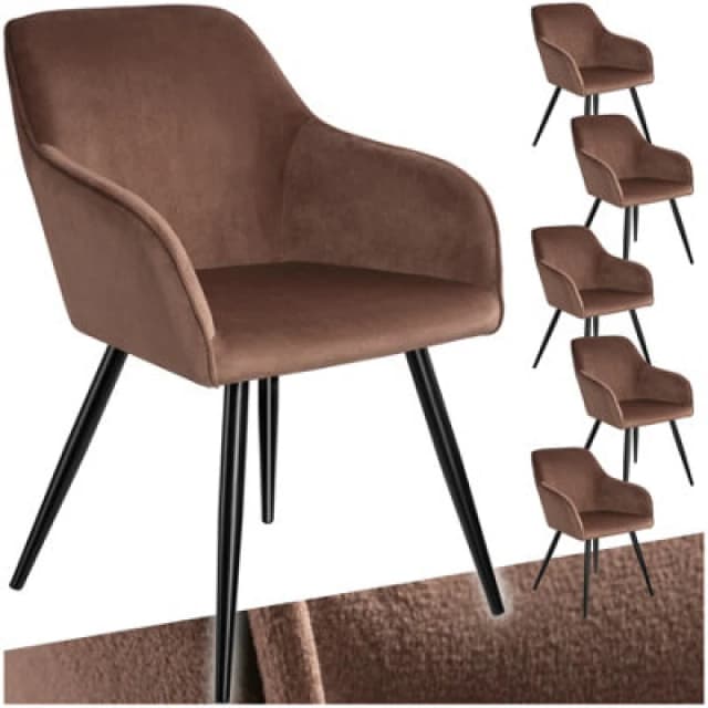 Tectake Set Of 6 Dining Chair Marilyn - With Armrests, Padded, Velvet Look, Black Steel Legs - Brown/black