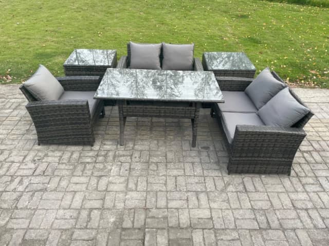 Fimous Wicker Rattan Garden Dining Set Outdoor Furniture Sofa with Dining Table Double Seat Sofa 2 Side Tables Dark Grey Mixed Dark Grey Unisex