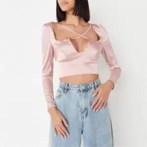 Missguided Satin Cross Strap Ls Crop Top - Neutral